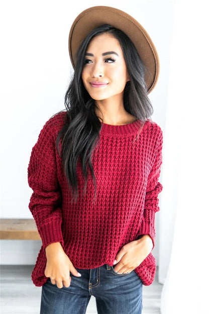 Women's Knit Sweater – Oversized Fit – Chunky Knit – Honeycomb Texture – Ribbed Edges