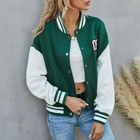Women's Bomber Jacket – Relaxed Fit – Ribbed Edges – Button Closure – Varsity Design