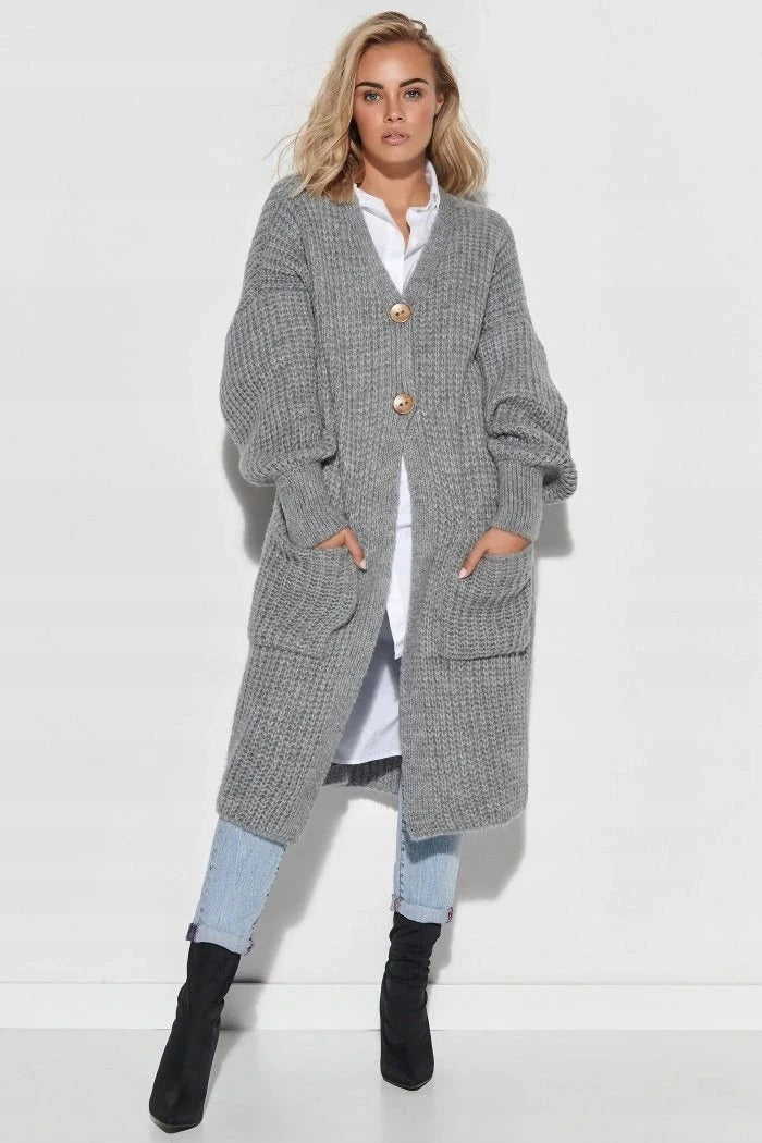 Women's Knit Coat – Oversized Fit – Long Length – Button Closure – Large Pockets