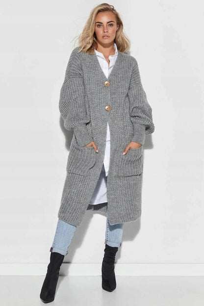 Women's Knit Coat – Oversized Fit – Long Length – Button Closure – Large Pockets