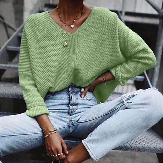 Women's Knit Sweater – Oversize Fit – V-Neck – Chunky Rib Structure – Wide Sleeves