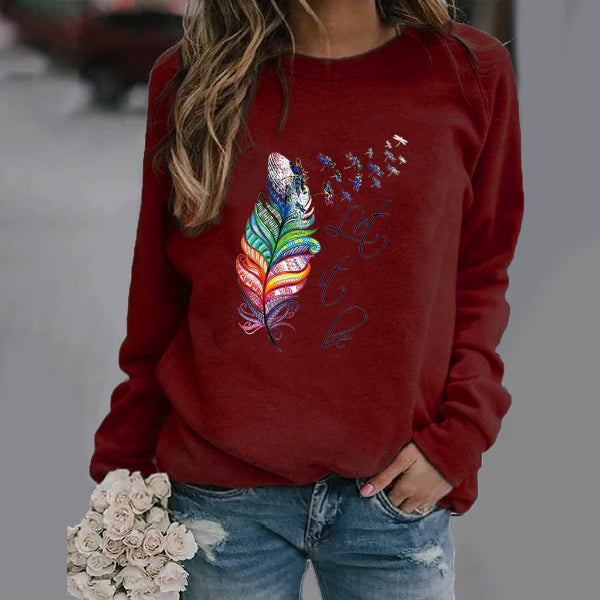 Women's Sweatshirt – Relaxed Fit – Feather Print and Text – Crew Neck – Long Sleeves
