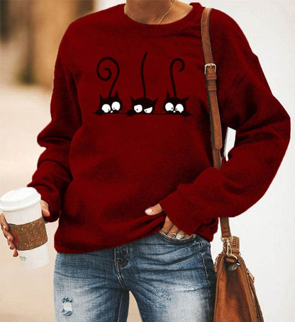 Women's Sweatshirt – Relaxed Oversized Fit – Soft Cotton Blend – Cat Print