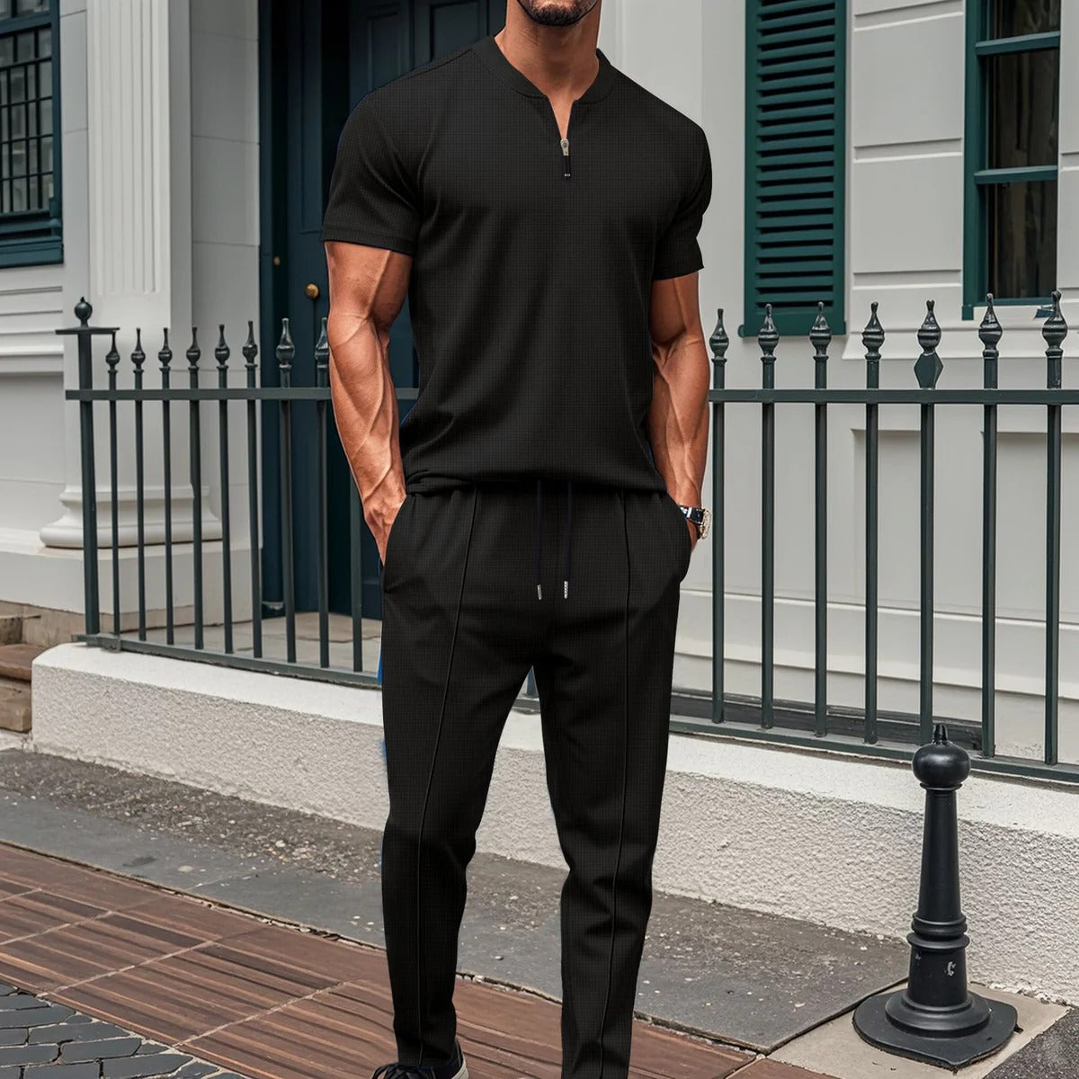 Men's Training Set – Slim Fit – Short-Sleeved Top with Zipper – Pants with Elastic Waist