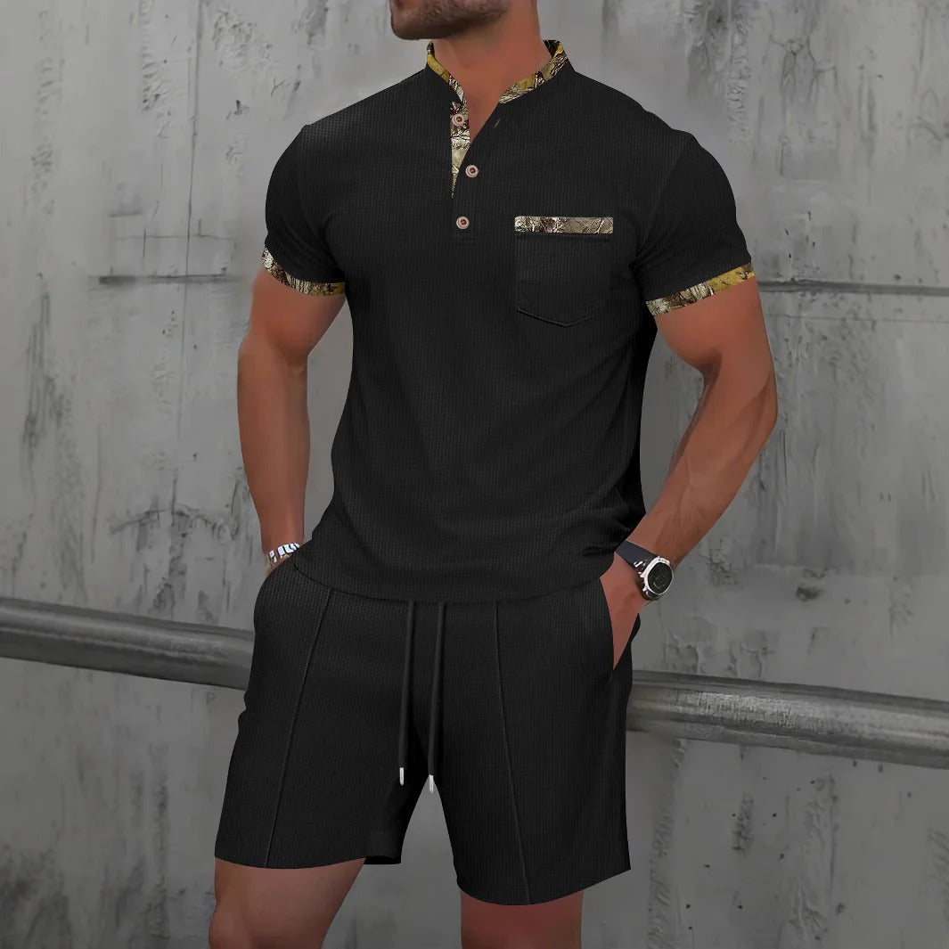 Men's Set – Slim Fit – Short-Sleeved Shirt with Mandarin Collar – Soft and Breathable – Matching Drawstring Shorts