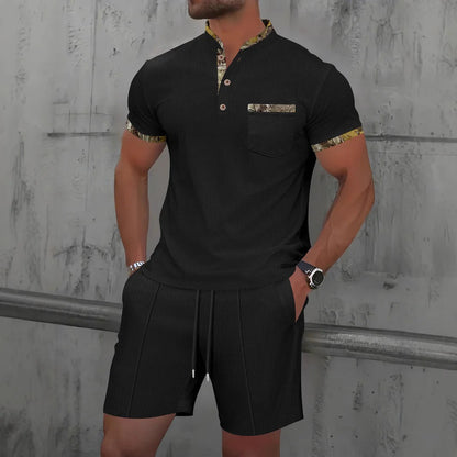 Men's Set – Slim Fit – Short-Sleeved Shirt with Mandarin Collar – Soft and Breathable – Matching Drawstring Shorts