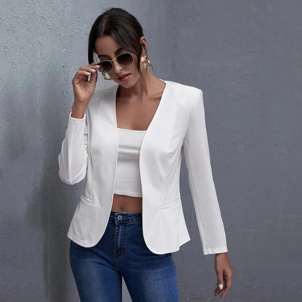 Women's Blazer Jacket – Tailored Fit – Minimalist Design – Hip Length with Pockets