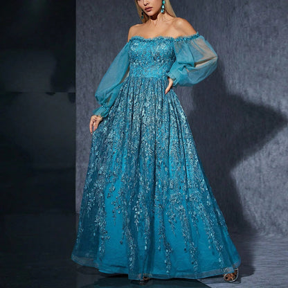 Dress for Women – Evening Dress – Off Shoulder – Embroidered Lace – Long Sleeves – Floor Length