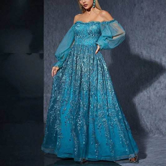 Dress for Women – Evening Dress – Off Shoulder – Embroidered Lace – Long Sleeves – Floor Length