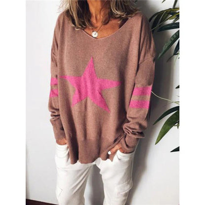 Women's Sweater – Relaxed Fit – Soft Knit – Crew Neck – Star Pattern – Long Sleeves