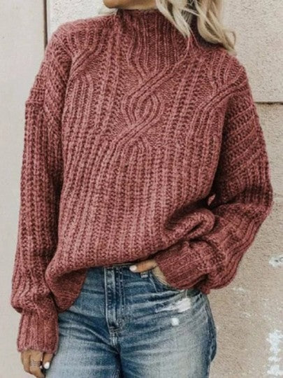 Women's Pullover Sweater – Oversized Fit – Wool Knit – High Collar – Cable Pattern