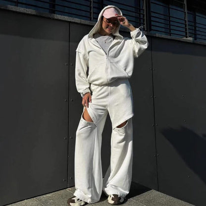 Women's Loungewear Set – Relaxed Fit – Zip-Up Hoodie – Wide Pants with Cut-Outs