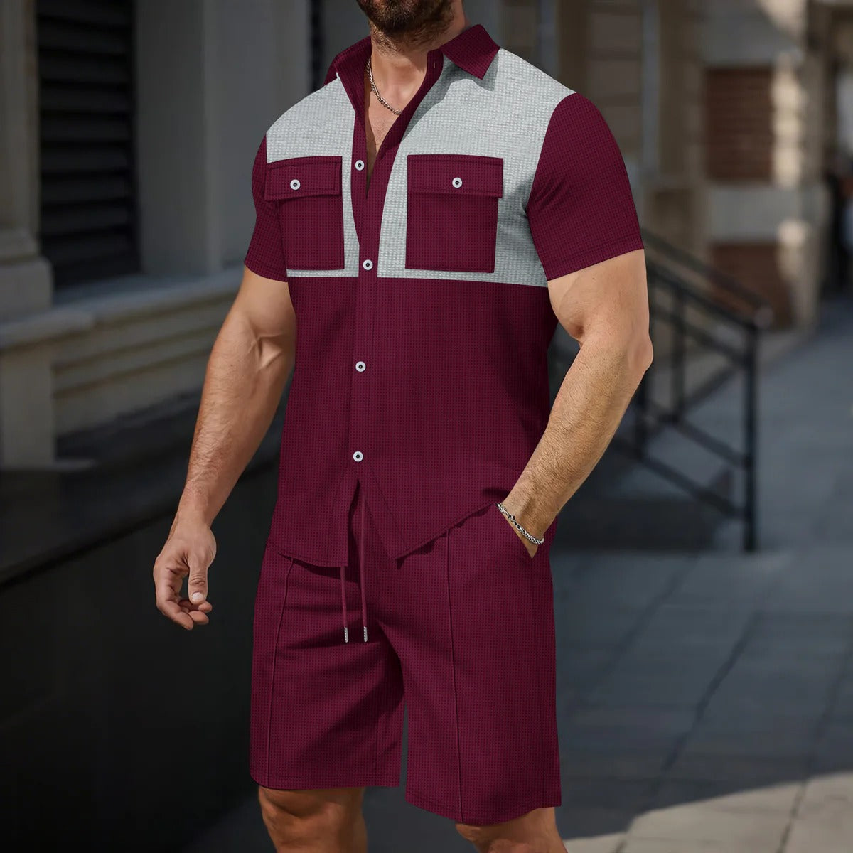 Men's Set – Short-Sleeved Shirt and Shorts – Regular Fit – Breathable – Contrast Details