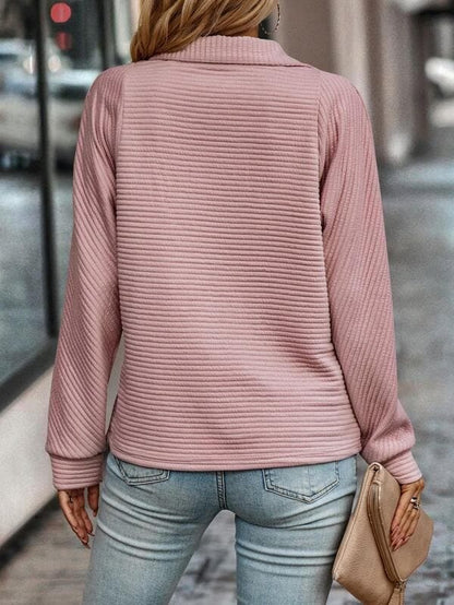Women's Knit Sweater - Ribbed Knit - Button Closure with High Collar - Long-Sleeved Comfort
