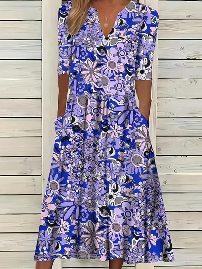 Women's Maxi Dress – Floral Print – V-Neck – Short Sleeve – Pockets – Breathable Design
