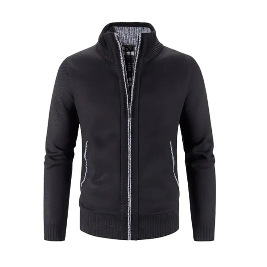 Men's Cardigan with Zipper – Slim Fit – Wool Knit – Ribbed Edges – Contrast Detail