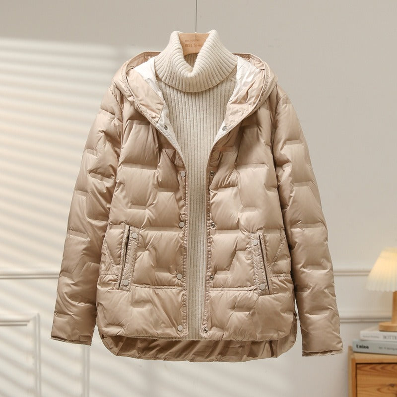 Women’s Jacket - Woven Synthetic - Quilted Puff - Attached Hood - Snap Button Closure