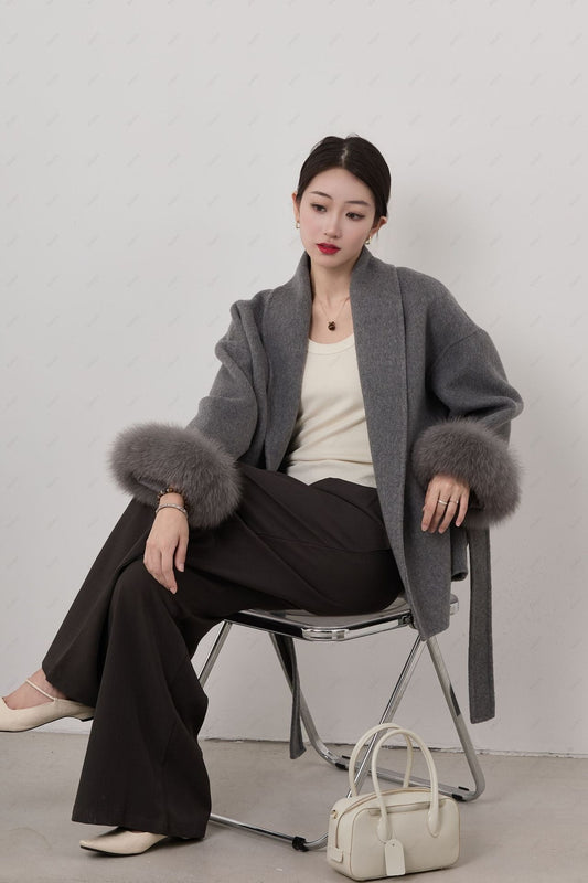 Women's Jacket – Short Wrap Fit – Wool Feel – Belt – Removable Fur Edges