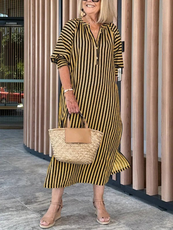 Dress for Women – Midi – Loose Fit – V-Neck – Striped – Lightweight Cotton