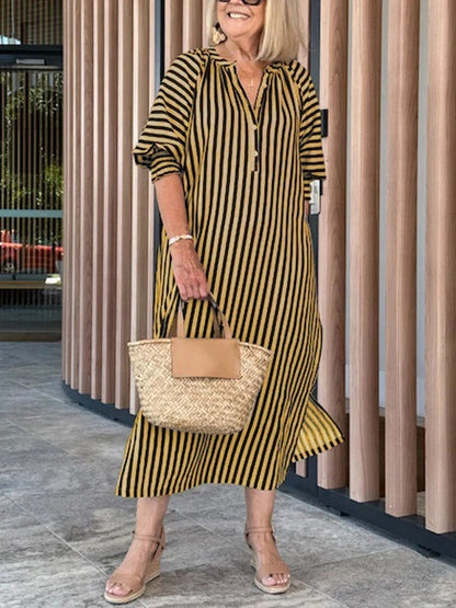 Dress for Women – Midi – Loose Fit – V-Neck – Striped – Lightweight Cotton