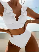 Women's Bikini Set – V-neck Top with Ruffles – High-waisted Bottom – Stretchable Comfort Fit