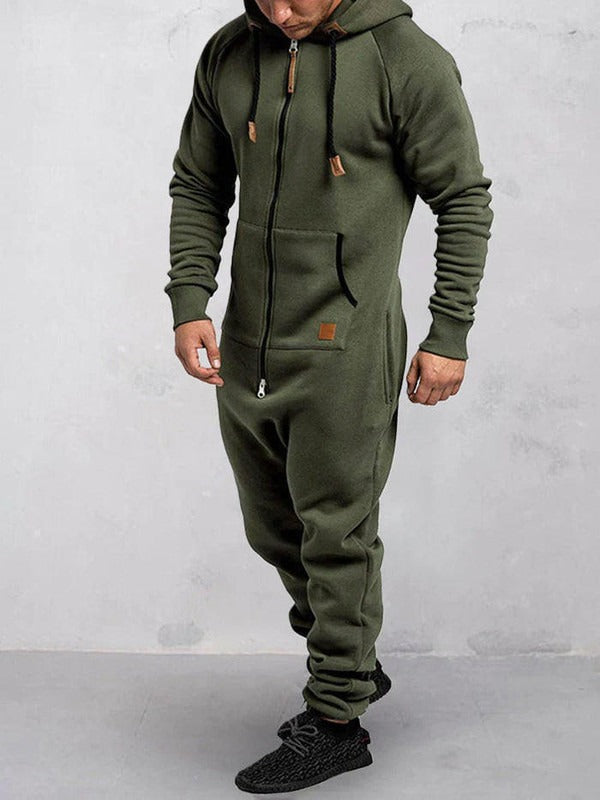 Men's Jumpsuit – Relaxed Fit – Soft Fleece – Zipper – Hood – Full Length