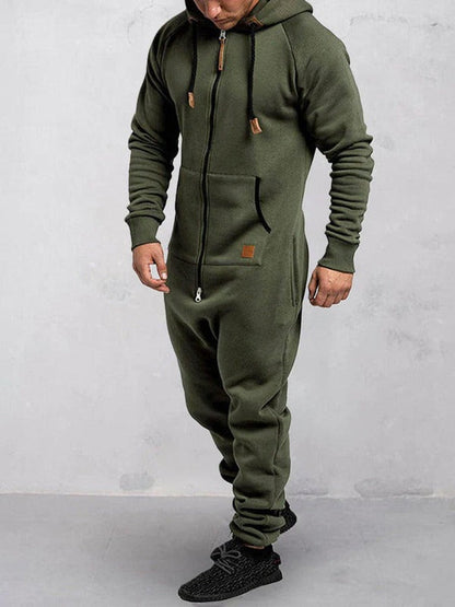 Men's Jumpsuit – Relaxed Fit – Soft Fleece – Zipper – Hood – Full Length