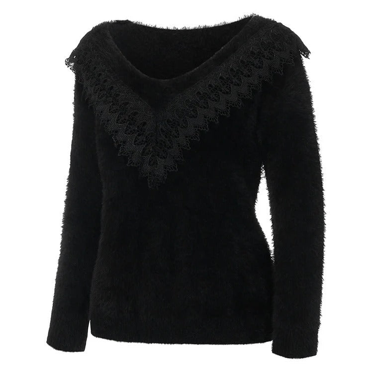 Women's Pullover – Slim Fit – Soft Fuzzy Knit – Lace V-neck – Long Sleeves