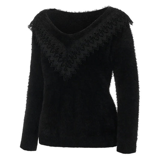 Women's Pullover – Slim Fit – Soft Fuzzy Knit – Lace V-neck – Long Sleeves