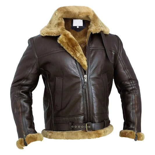 Men's Bomber Jacket – Oversized Fit – Leather Look – Lined with Shearling – Belted Collar
