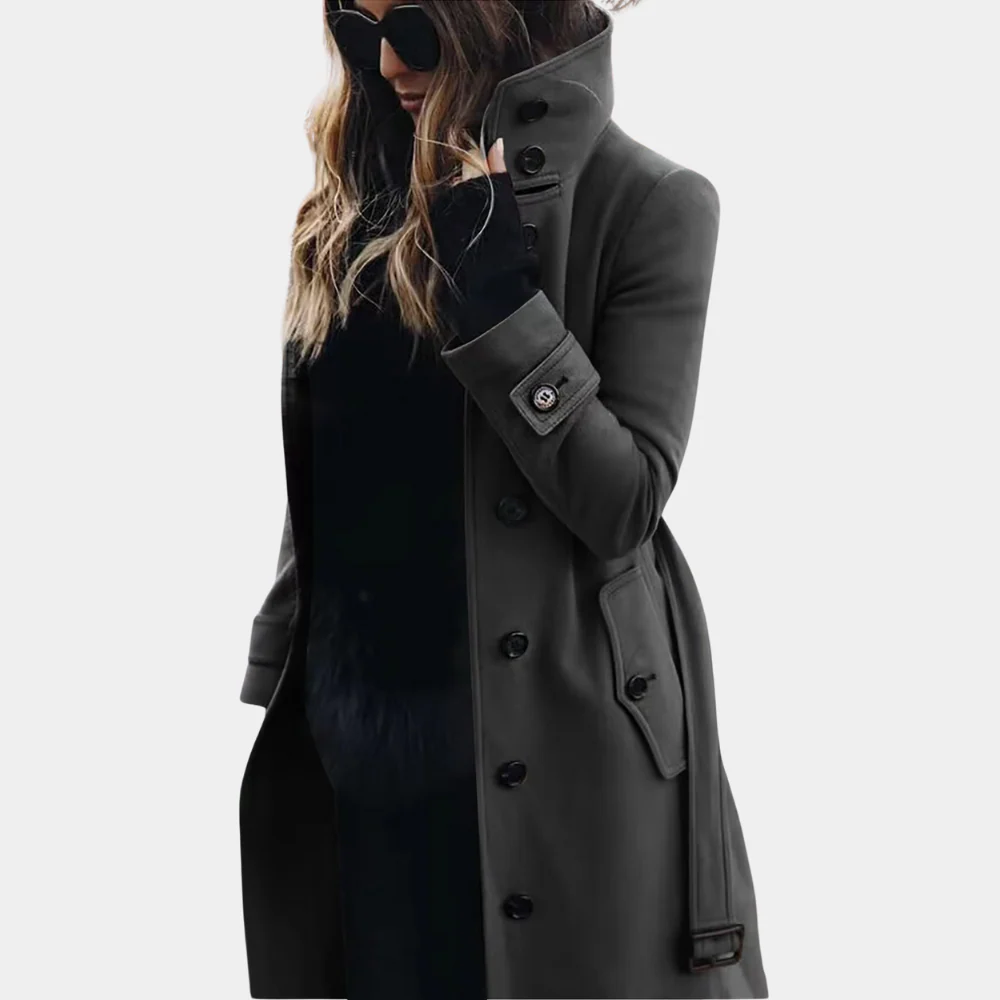 Women's Trench Coat – Tailored Fit – Wool Look – Long Model – Belt and Button Closure