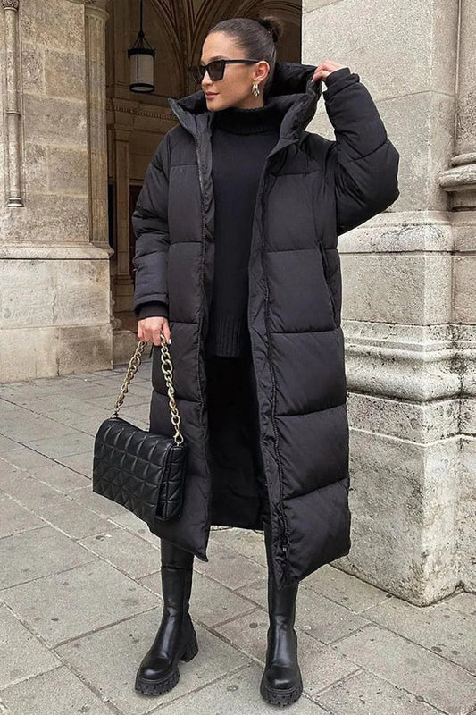 Women’s Puffer Coat - Woven - Oversized Fit - High Neck Hood - Full Length