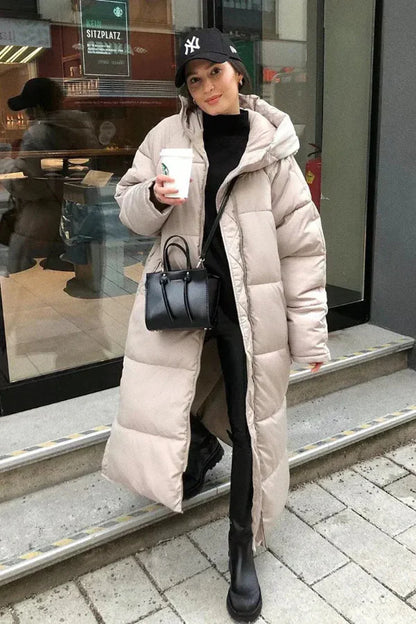 Women’s Puffer Coat - Woven - Oversized Fit - High Neck Hood - Full Length