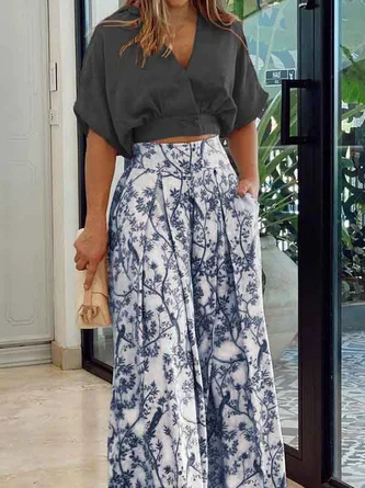 Women's Set – Casual Cropped Top with Dolman Sleeves – Wide Pants with High-Waisted Fit – Light and Breathable Design