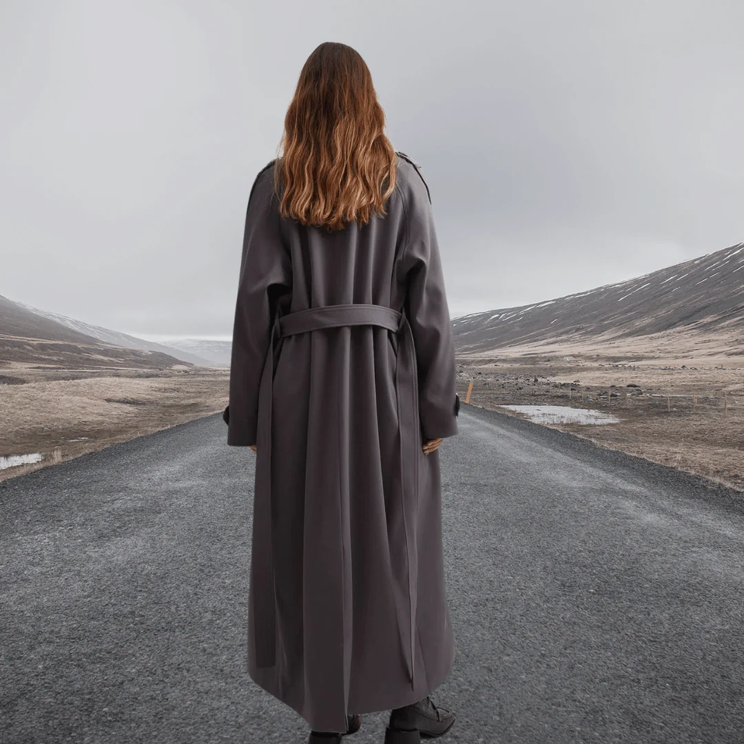 Women's Trench Coat – Oversized Fit – Wool-Like Texture – Full Length – Waist Belt
