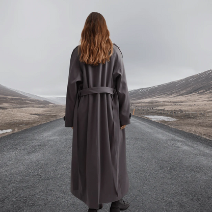 Women's Trench Coat – Oversized Fit – Wool-Like Texture – Full Length – Waist Belt
