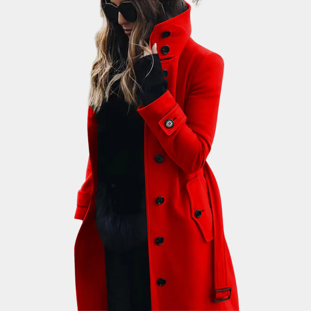 Women's Trench Coat – Tailored Fit – Wool Look – Long Model – Belt and Button Closure