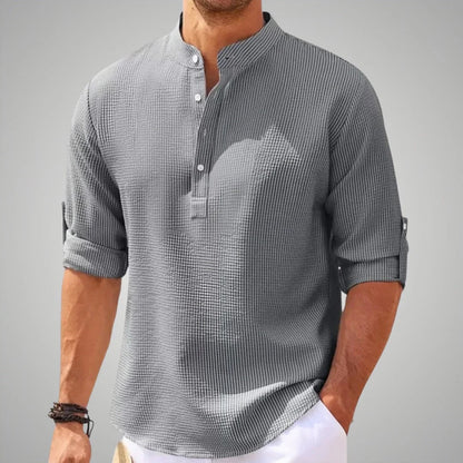 Men's Blouse – Relaxed Fit – Breathable Fabric – Mandarin Collar – 3/4 Sleeves with Turn-Up