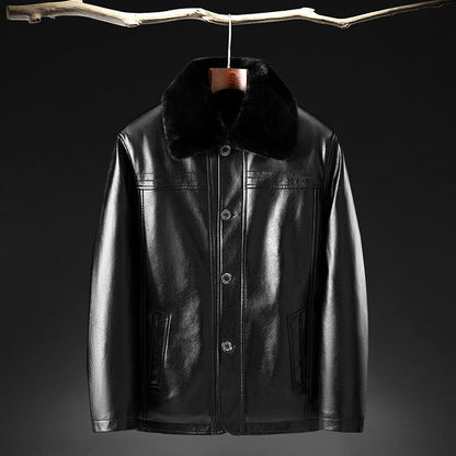 Men's Leather Jacket – Tailored Fit – Fur Collar – Button Closure – Waist Length