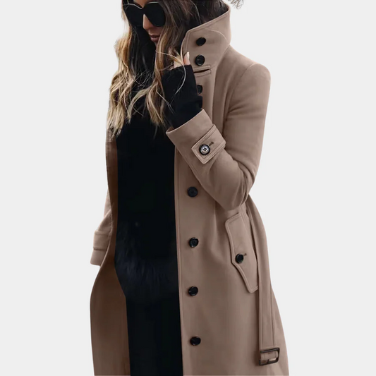 Women's Trench Coat – Tailored Fit – Wool Look – Long Model – Belt and Button Closure