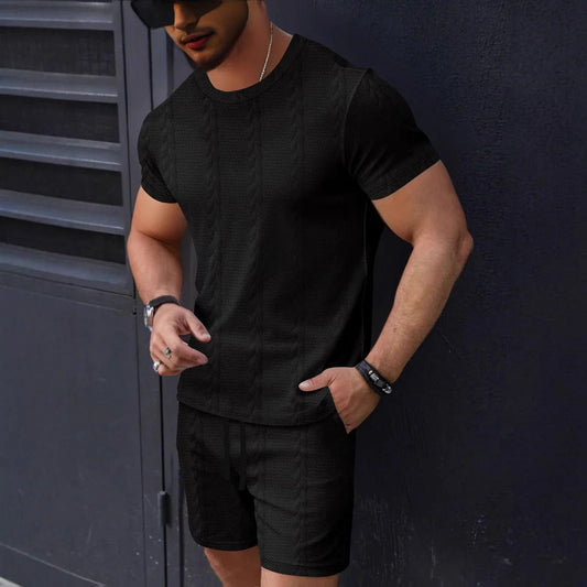 Men's T-shirt and Shorts Set – Textured Knit – Regular Fit – Round Neck – Drawstring Waist