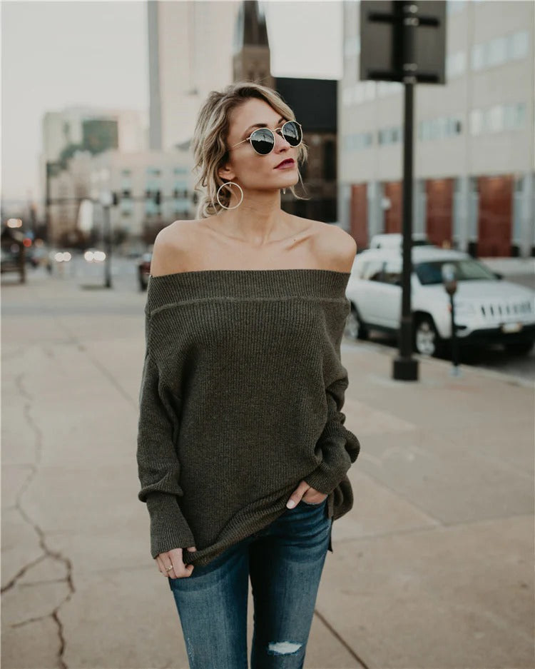 Women's Knit Sweater – Oversized Fit – Off-Shoulder – Ribbed Cuffs – Casual Style
