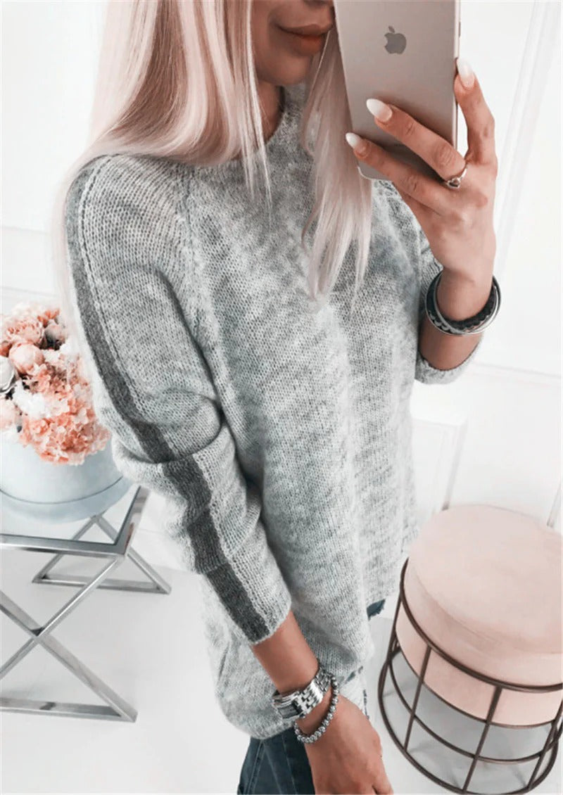 Women's Knit Sweater – Loose Fit – Soft Cotton Blend – Stripe Detail on Sleeves