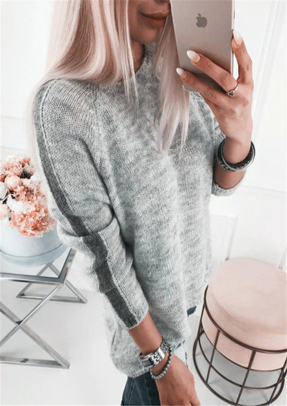Women's Knit Sweater – Loose Fit – Soft Cotton Blend – Stripe Detail on Sleeves