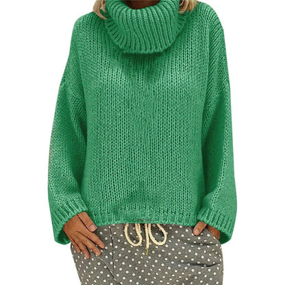 Women's Knit Sweater – Oversize Fit – High Collar – Chunky Knit – Ribbed Edges