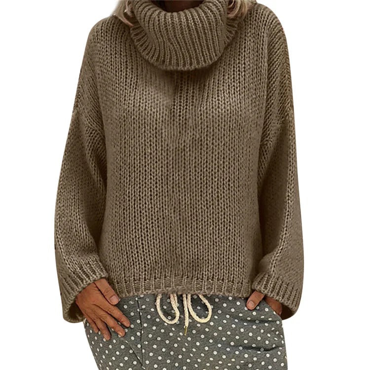 Women's Knit Sweater – Oversize Fit – High Collar – Chunky Knit – Ribbed Edges