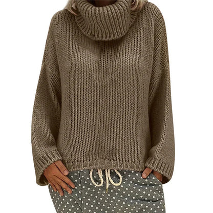 Women's Knit Sweater – Oversize Fit – High Collar – Chunky Knit – Ribbed Edges