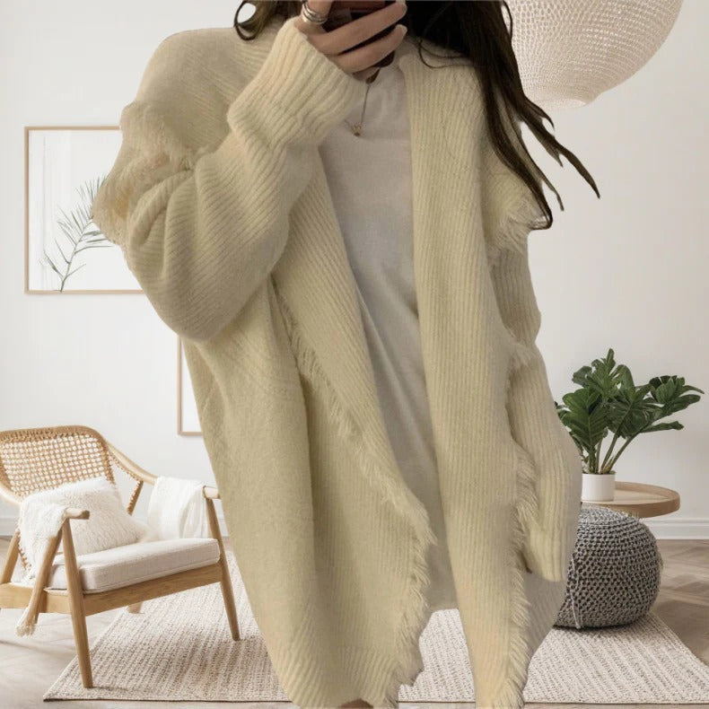 Women's Cardigan – Oversized Fit – Knitted – Open Front – Raw Edges – Long Sleeved