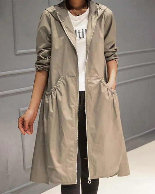 Women's Trench Coat – Water-Repellent – Relaxed Fit – Hood – Zipper – Knee Length