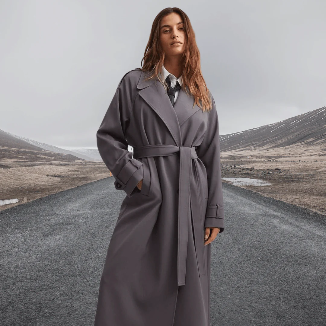 Women's Trench Coat – Oversized Fit – Wool-Like Texture – Full Length – Waist Belt